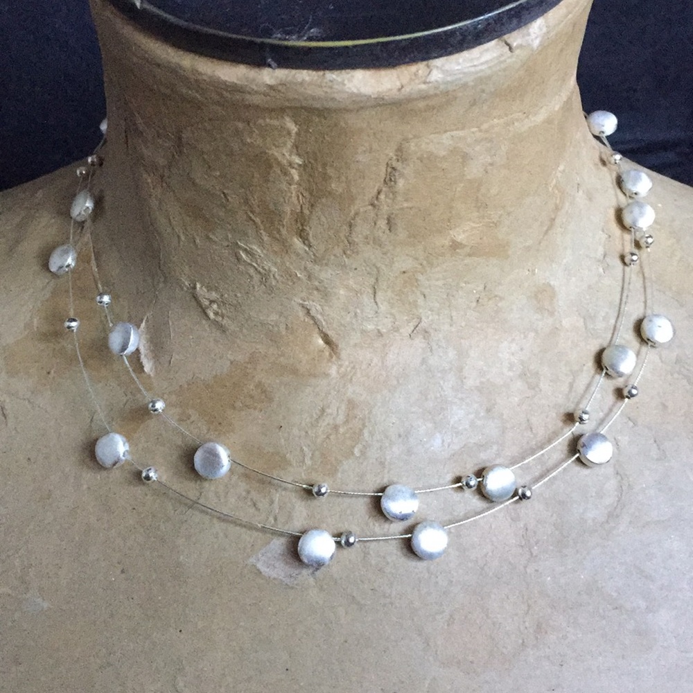 Signed NW Suspended Silver Beaded Wire Necklace